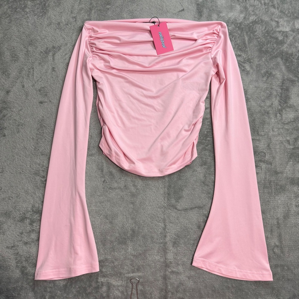 NEW Edikted S14921 Light Pink Ruched Off Shoulder Bell Sleeve Top Small